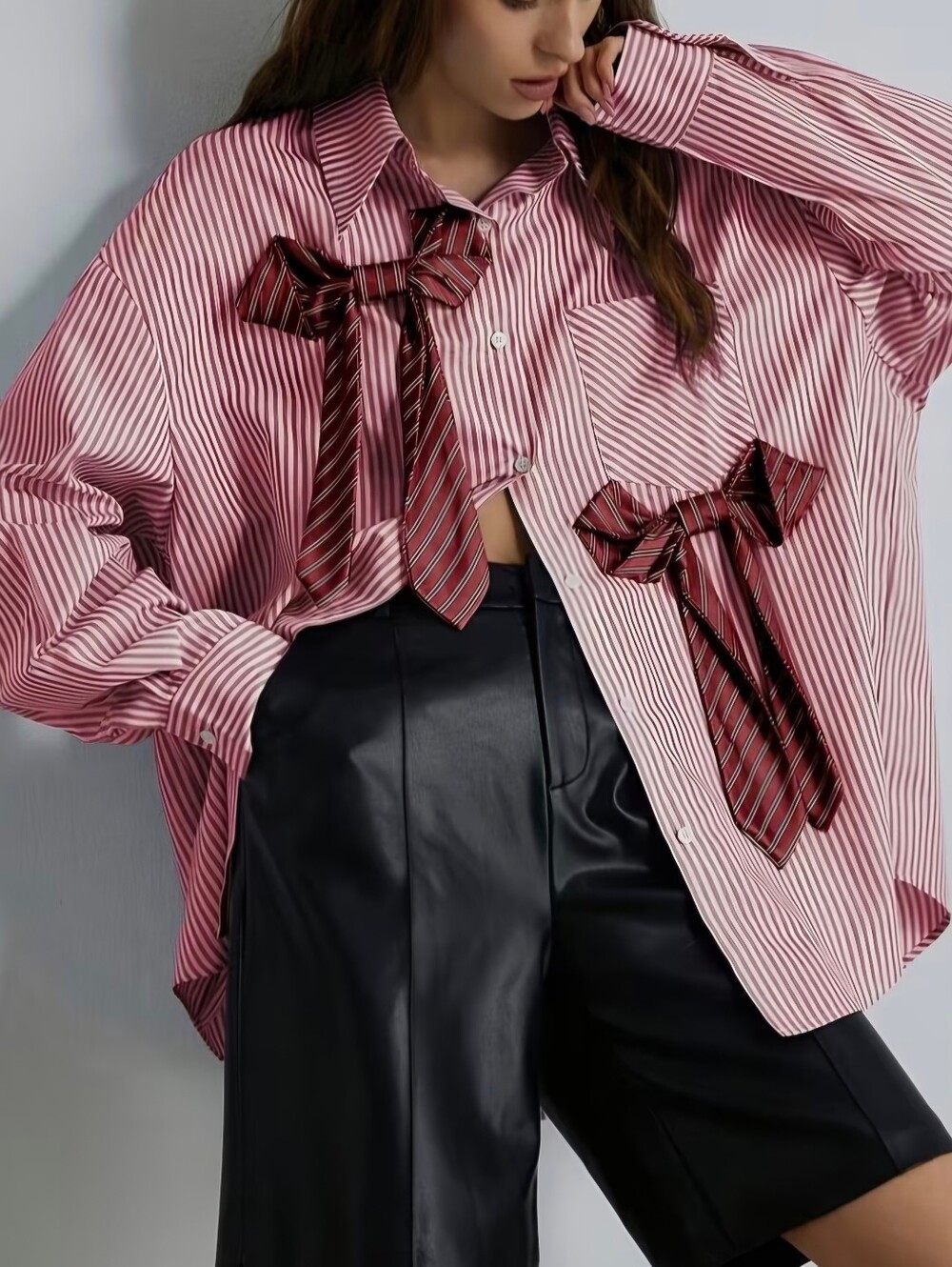 Women's Striped Button- Shirt with Collar & Bow Accent - Vertical Stripes